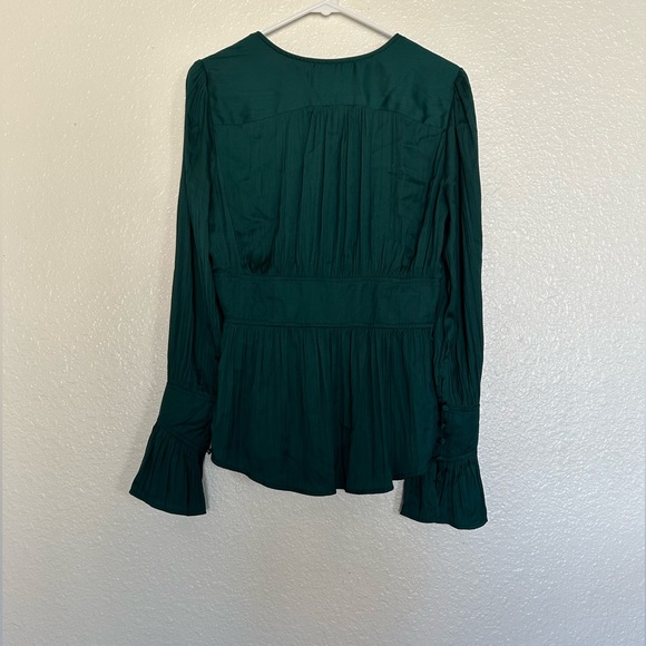 By Anthropologie Deep-V Tunic Button Down Top Green Satin Color Sz. M - Picture 7 of 12